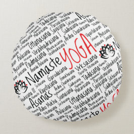 Yoga bringt Asanas Wort-Wolke in Position Rundes Kissen