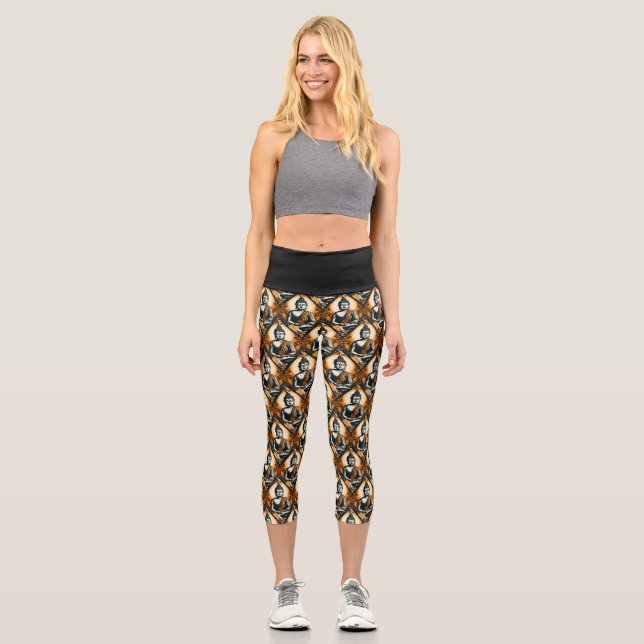 Yoga Buddha in Orange und Schwarz Capri Leggings (Vorderseite)