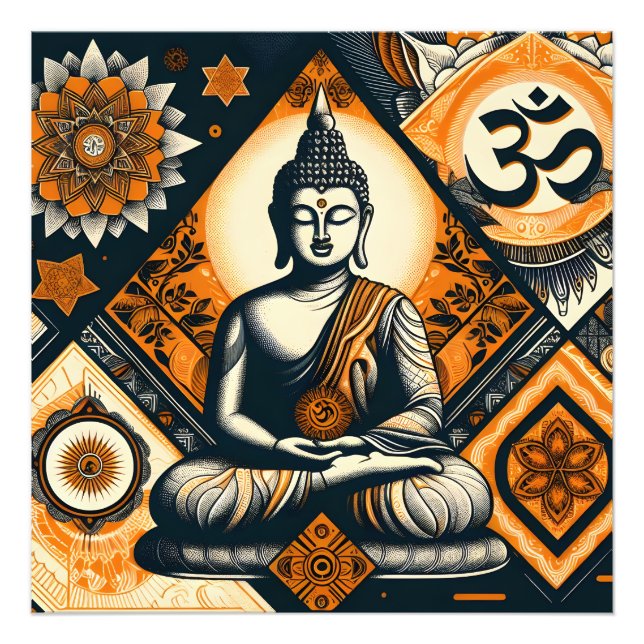 Yoga Buddha in Orange und Schwarz Fotodruck (Vorne)