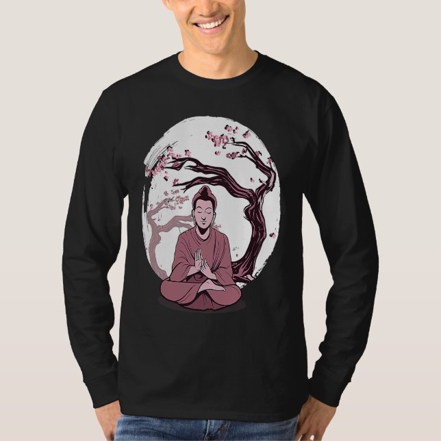 Yoga cherry blossom tree meditate Japanese writing T-Shirt (Vorderseite)