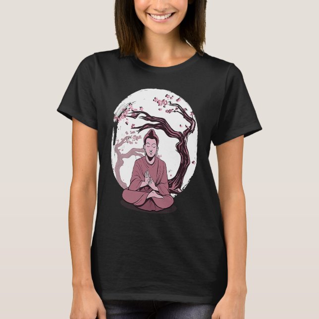 Yoga cherry blossom tree meditate Japanese writing T-Shirt (Vorderseite)