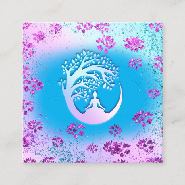 Yoga Classes School Logo Instructor QR Blue Floral Quadratische Visitenkarte (Vorderseite)