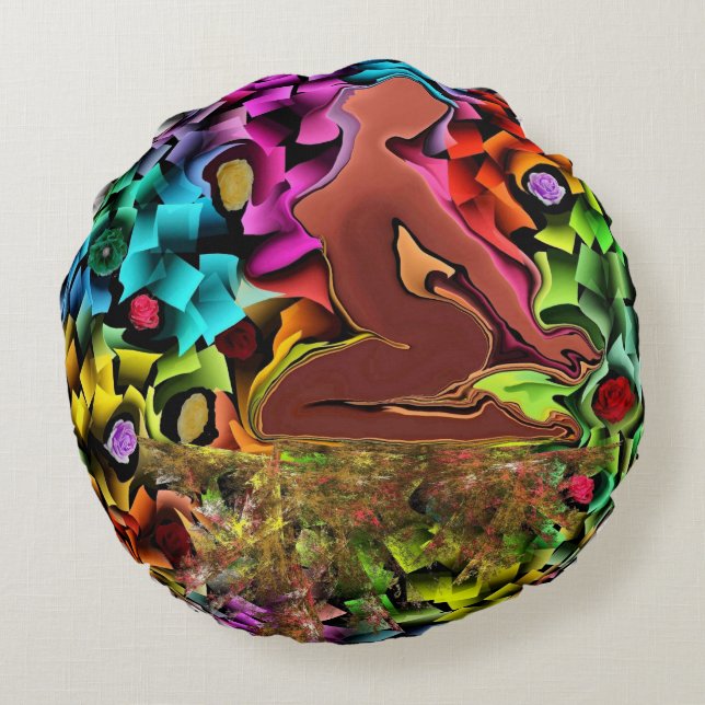 Yoga Dame color pink blau braun Rundes Kissen (Rückseite)