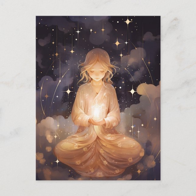 Yoga Girl meditieren, Dreamy Star Clouds Celestial Postkarte (Vorderseite)
