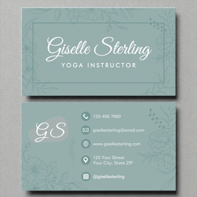 Yoga Instructor Aquamarin Floral Line Art Script Visitenkarte (Von Creator hochgeladen)