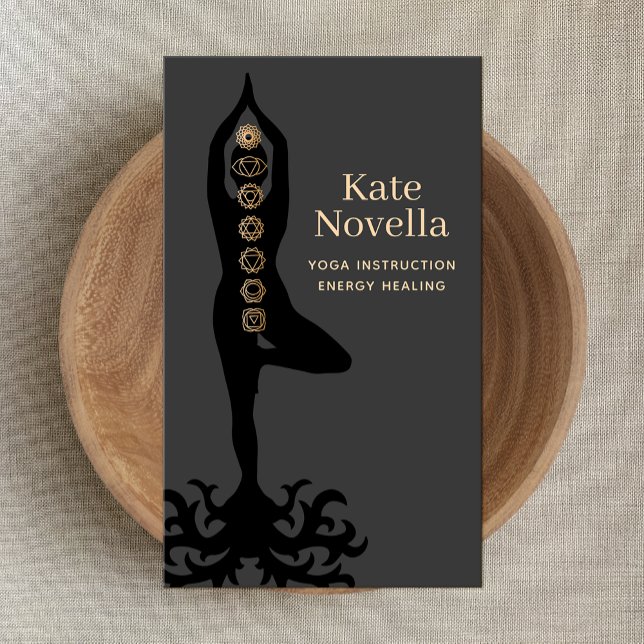 Yoga Instructor , Baum Pose , Gold Chakras Black Visitenkarte (Von Creator hochgeladen)