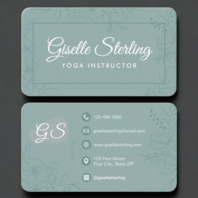 Yoga Instructor Green Teal Floral Visitenkarte (Von Creator hochgeladen)
