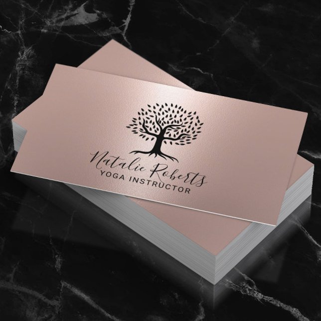 Yoga Instructor Life Coach Tree Logo Rose Gold Visitenkarte (Von Creator hochgeladen)