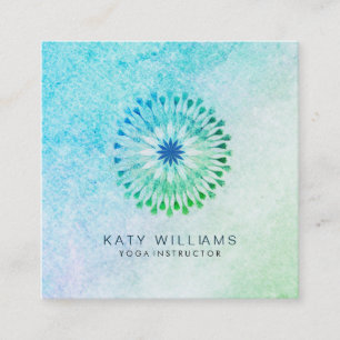 Yoga Instructor Lotus Blume Watercolor Blue Beach Quadratische Visitenkarte
