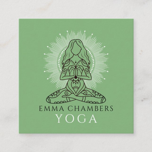 Yoga Instructor Lotus Pose White Mandala Green Quadratische Visitenkarte (Vorderseite)
