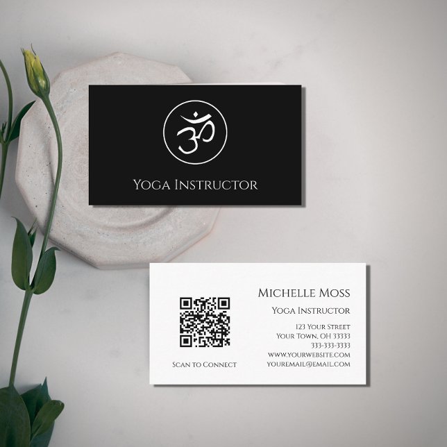 Yoga Instructor Om Symbol QR-Code Schwarz-weiß Visitenkarte (Von Creator hochgeladen)