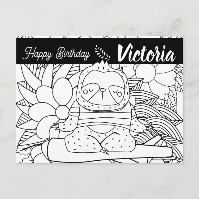 Yoga Instructor Sloth Birthday Floral Coloring Postkarte (Vorderseite)