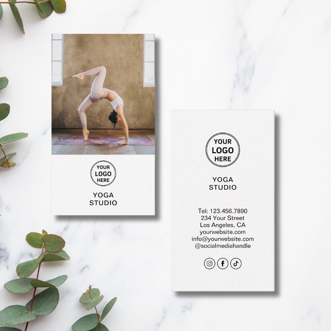 Yoga Instructor Teacher Custom Logo Photo White Visitenkarte (Yoga Instructor Teacher Custom Logo Photo White Business Card)