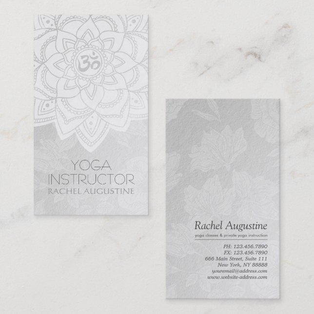 YOGA Instructor White & Silver Mandala OM Symbol Visitenkarte (Vorne/Hinten)