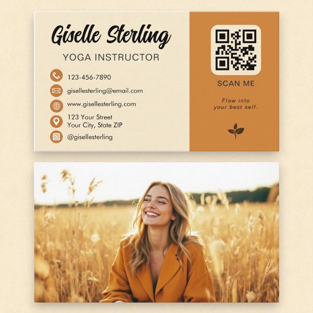 Yoga Instructor Yellow Orange QR Code Foto Visitenkarte (Von Creator hochgeladen)