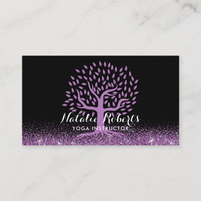 Yoga-Lehrer-modernes lila Leben-Baum-Schwarzes Visitenkarte (Vorderseite)