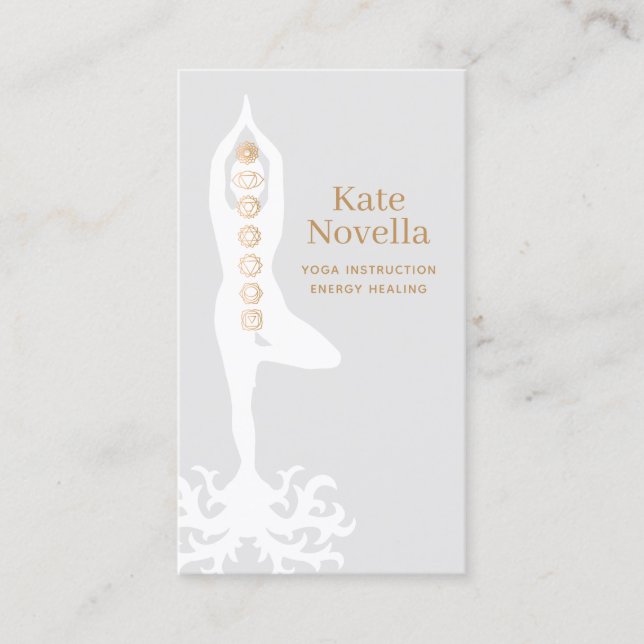 Yoga-Lehrer, Tree-Pose mit Roots und Chakras Visitenkarte (Vorderseite)