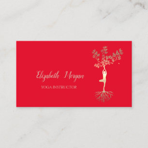 Yoga-Lehrerin, Rot, Goldener Baum Frauen-Silhouett Visitenkarte