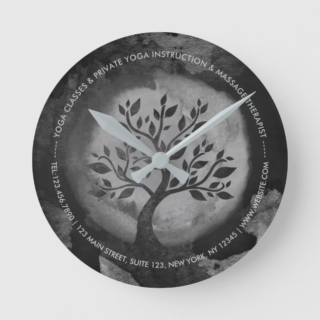 Yoga Meditation Instructor Black & White Tree Logo Runde Wanduhr (Vorderseite)