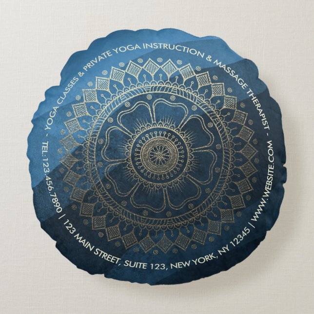 Yoga Meditation Instructor Gold Mandala Navy Blue Rundes Kissen (Vorderseite)
