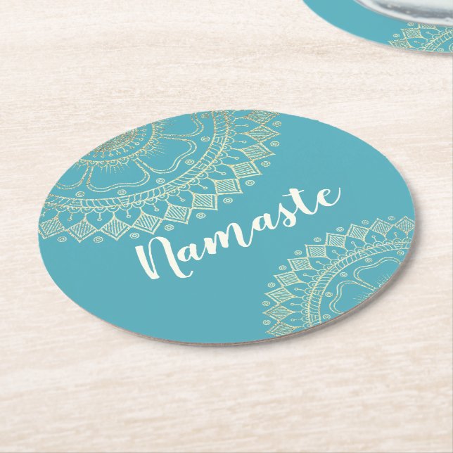 Yoga Meditation Instructor Green Blue Gold Mandala Runder Pappuntersetzer (Angewinkelt)