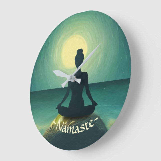 Yoga Meditation Pose auf Rock Full Moon Stars Nigh Große Wanduhr (Winkel)