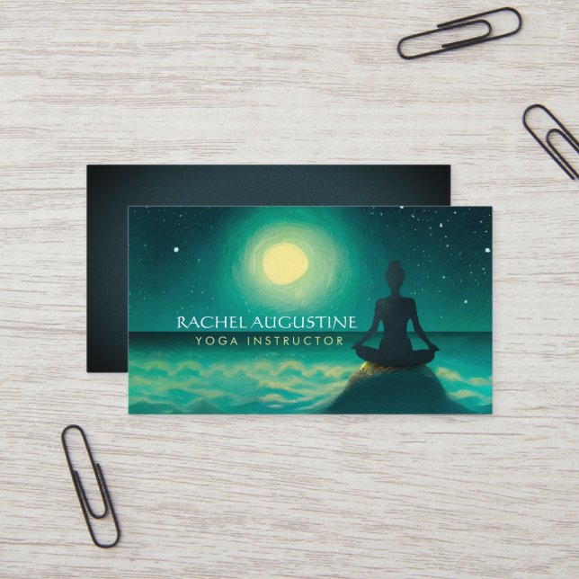 Yoga Meditation Pose auf Rock Full Moon Stars Nigh Visitenkarte (Vorderseite/Rückseite Beispiel)
