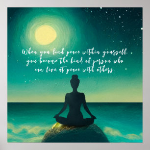 Yoga Meditation Pose on Rock Moon Star Ocean Quote Poster