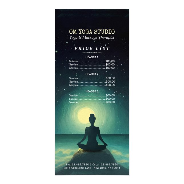 Yoga Meditation Pose über Rock Moon Stars Preislis Werbekarte (Vorne)
