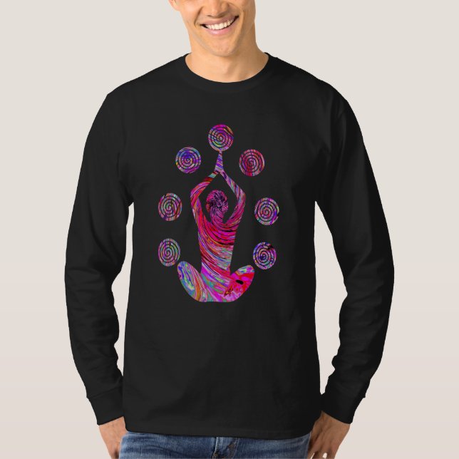 Yoga Meditation Pose with Spirals in Red and Pink T-Shirt (Vorderseite)
