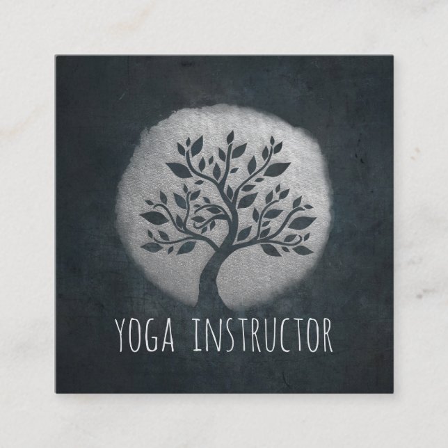 Yoga Meditation Reiki Instructor Black Silver Tree Quadratische Visitenkarte (Vorderseite)