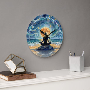 Yoga-Meditation Sternenhimmel Mond Ozean Strand Große Wanduhr