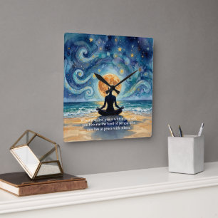 Yoga-Meditation Sternenhimmel Mond Ozean Zitate Quadratische Wanduhr