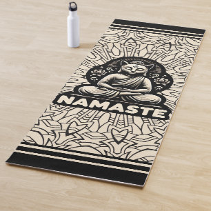 Yoga namaste Buddha Katze. Creme und schwarz Yogamatte