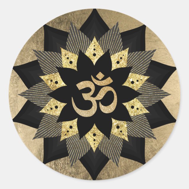 Yoga Om Symbol Black & Gold Lotus Blume Runder Aufkleber (Vorderseite)