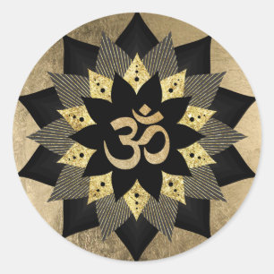 Yoga Om Symbol Black & Gold Lotus Blume Runder Aufkleber