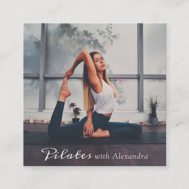 Yoga pilates instruktor elegantes boho script Foto Quadratische Visitenkarte (Vorderseite)
