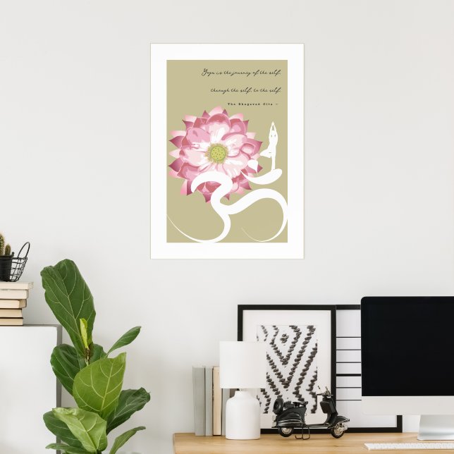 Yoga & Pink Lotus Blume Weißes Om Spirituelles Pos Poster (Heimbüro)