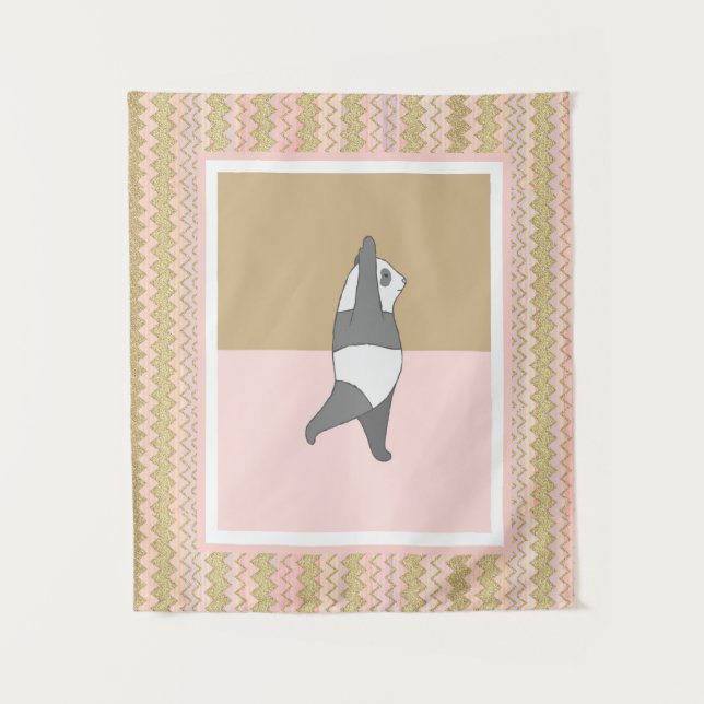 Yoga Pose Panda Pink Zig Zag Hintergrund Wandteppich (Vorderseite)