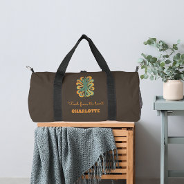 Yoga pose retro swirls name slogan taupe brown duffle bag