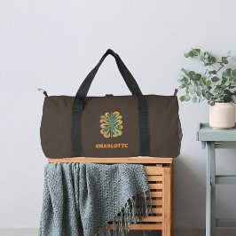 Yoga pose retro swirls name taupe brown duffle bag