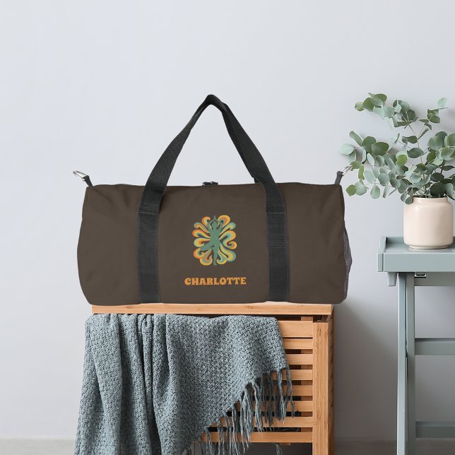 Yoga pose retro swirls name taupe brown duffle bag (Von Creator hochgeladen)