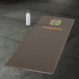 Yoga pose swirls retro brown orange name yogamatte