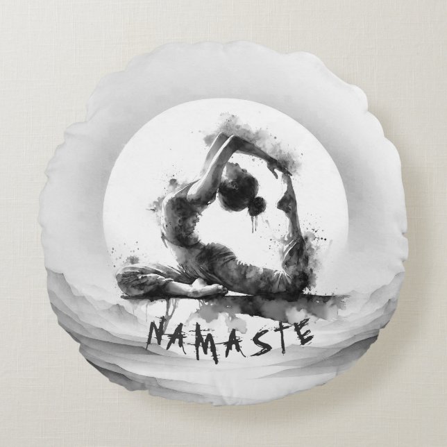Yoga Reiki Einbeinige Königtaube Pose Wasserfarbe Rundes Kissen (Vorderseite)