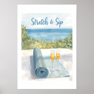 Yoga Stretch and Sip mit Ozeanhintergrund Poster
