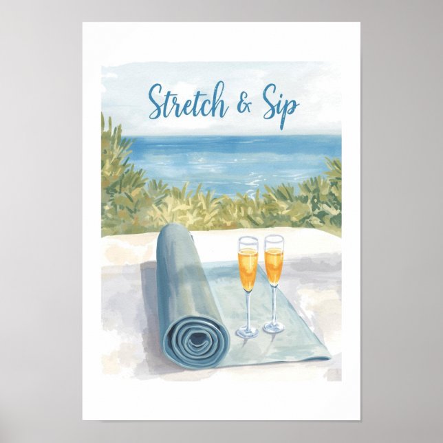 Yoga Stretch und Trinken mit Meereskulisse Poster (Vorne)