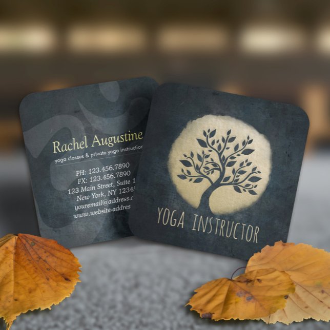Yoga Studio Meditation Instructor Black Gold Tree Quadratische Visitenkarte (Von Creator hochgeladen)