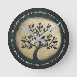 Yoga Studio Meditation Instructor Black Gold Tree Runde Wanduhr