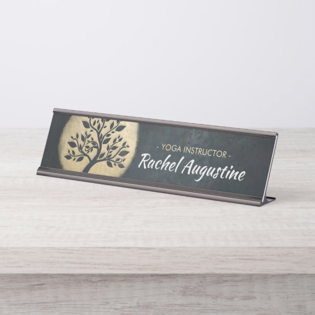 Yoga Studio Meditation Instructor Black Gold Tree Schreibtischnamensplakette (Vorderseite )