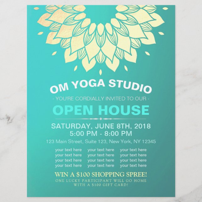 YOGA Studio Open House Gold Foil Mandala Blume Flyer (Vorne)